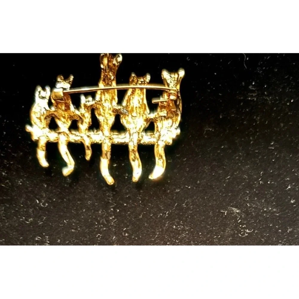 Vintage Six Black Cats on Fence Brooch Green Rhinestone Eyes Moving Tails[JB2]